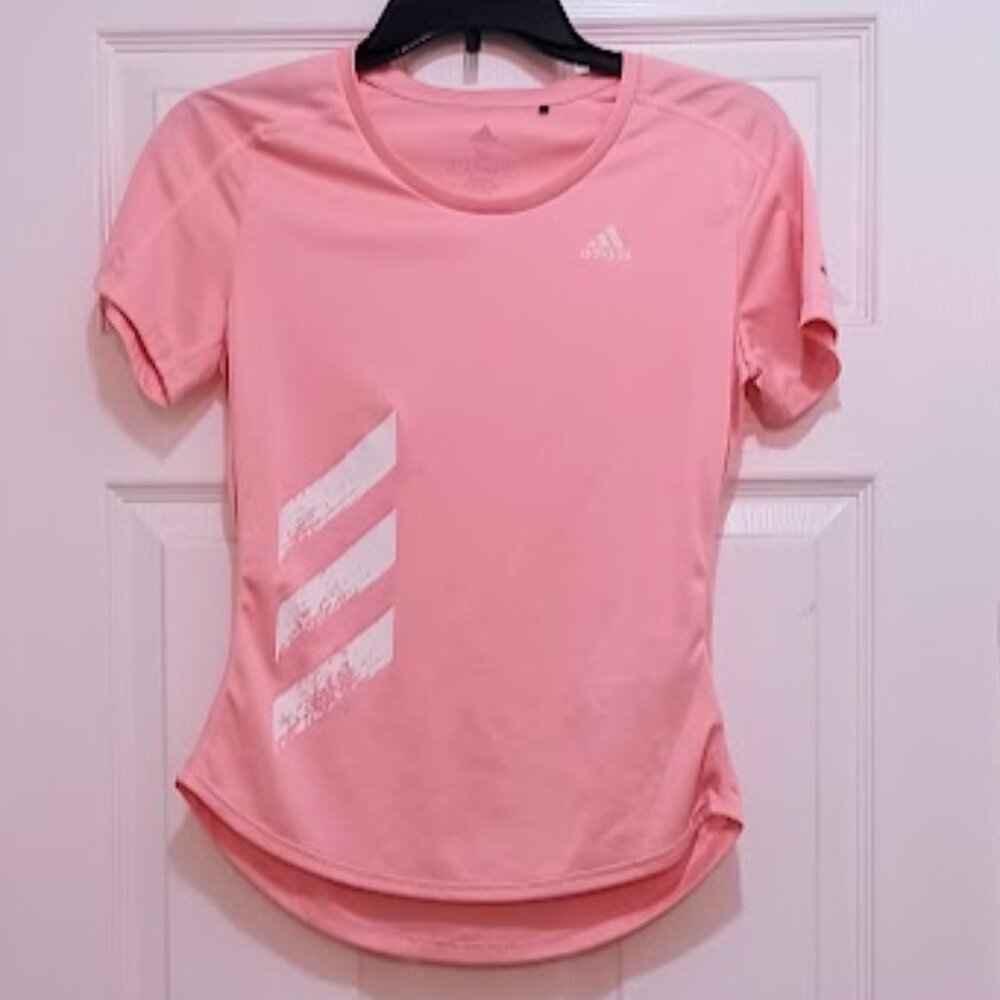 Adidas running aeroready pink top, size XS activewear with 3 white stripes